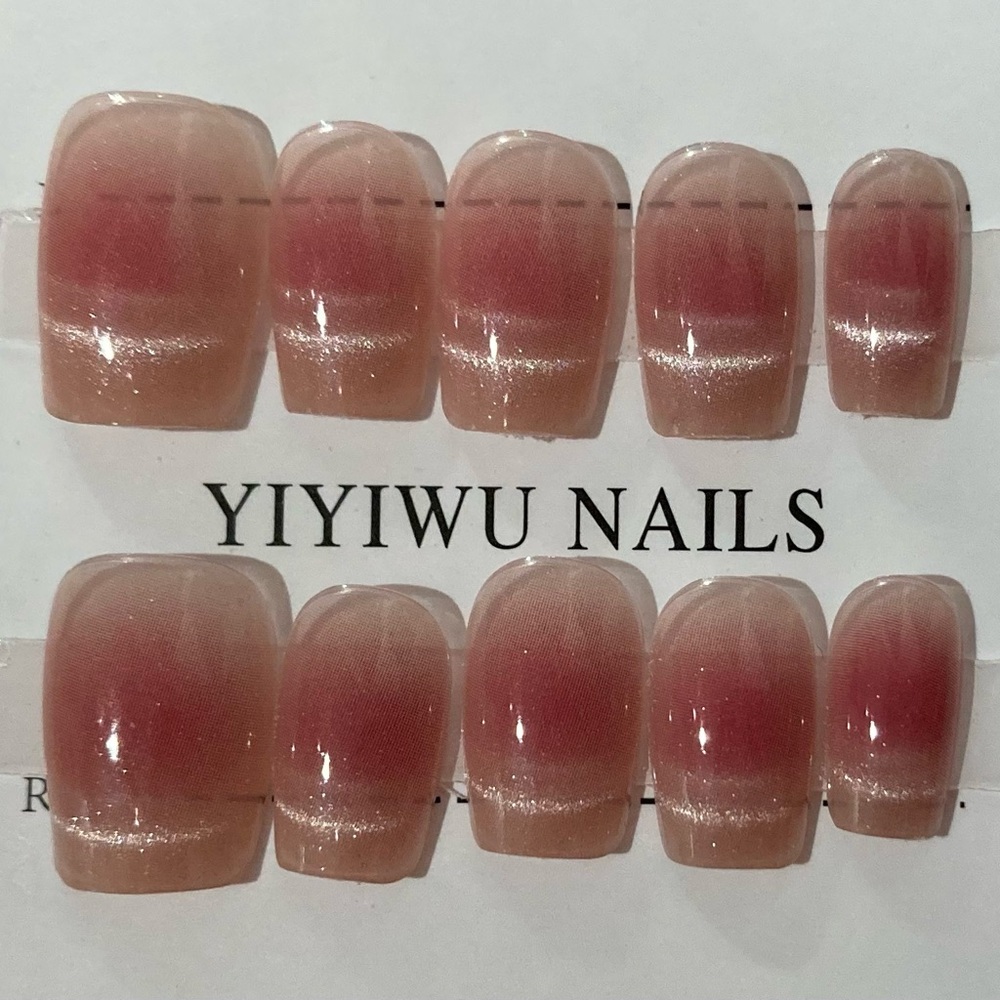 [M] 10Pcs Wearable Press on Nails Full Cover Short French Silver Pink Cat-Eye